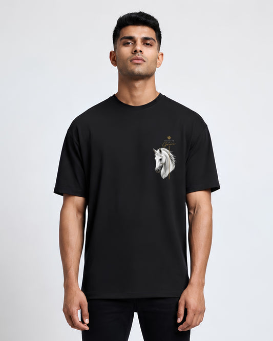 Stichix Strength & Grace Horse Oversized Black T-Shirt | Minimalist White Horse Graphic Tee