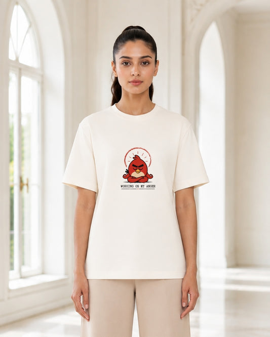 Working On My Anger Funny Graphic T-Shirt for Women | Cute Angry Bird Minimalist Oversized Tee