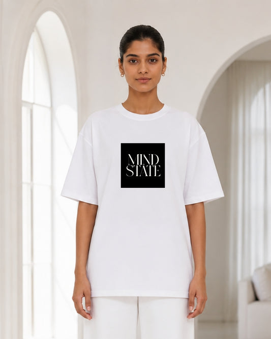 Women's Oversized White "Mind State" Minimalist Typography Graphic T-Shirt – Modern Aesthetic Statement Tee