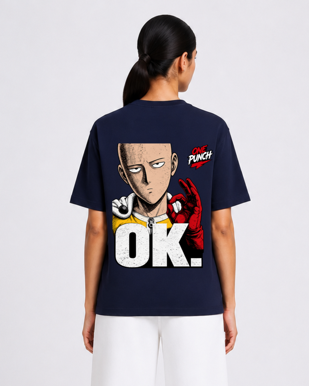 Anime Hero OK Graphic Oversized Navy Blue T-Shirt for Women | Manga-Inspired Streetwear Back Print Tee
