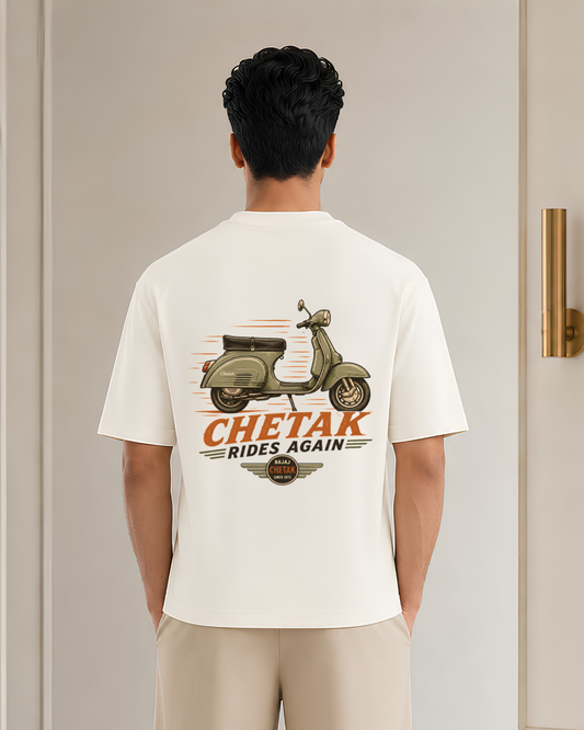 Chetak Rides Again Oversized T-Shirt | Vintage Scooter Graphic Back Print | Retro Unisex Rider Streetwear Tee