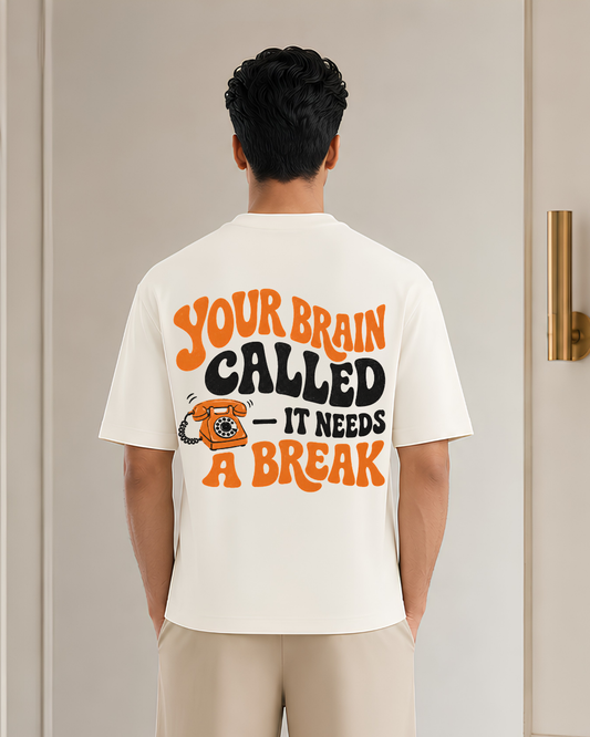 Your Brain Called, It Needs a Break Oversized Graphic T-Shirt | Funny Retro Phone Back Print | Unisex Vintage Streetwear Tee