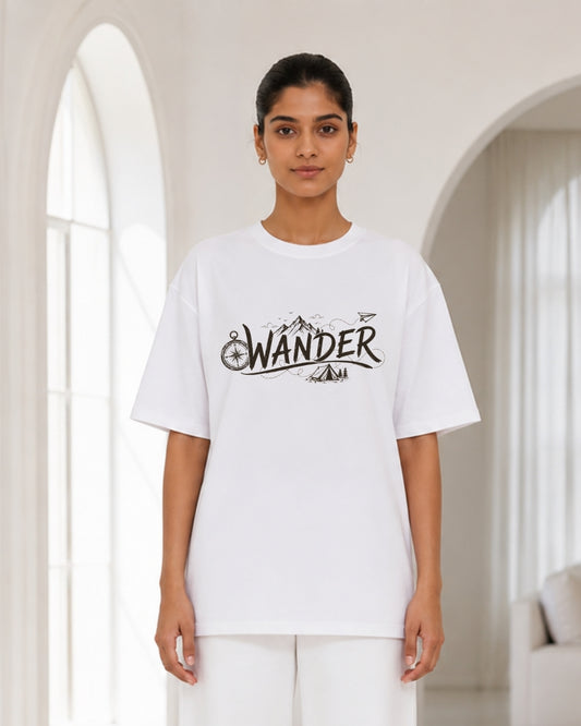 Women's Oversized White "WANDER" Travel Graphic T-Shirt – Adventure Explorer Typography Tee