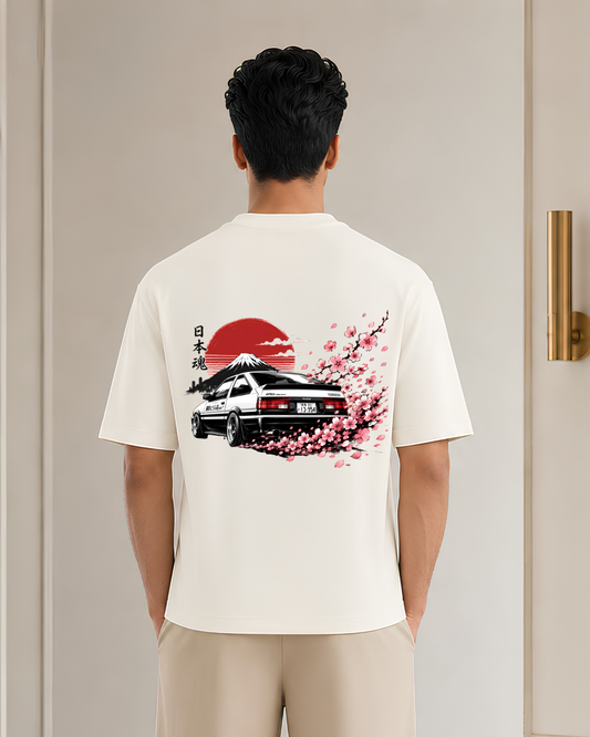 Japanese Drift Car Oversized T-Shirt | Sakura & Mount Fuji JDM Graphic Back Print | Unisex Retro Streetwear Tee