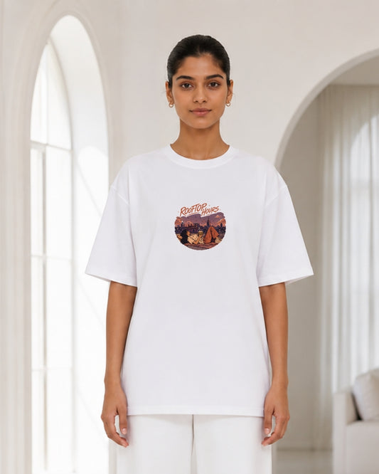 Rooftop Hours Graphic Oversized T-Shirt for Women | Aesthetic Urban Sunset Print Casual Cotton Tee