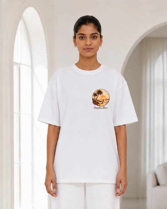 Women's Oversized White Beach Sunset Graphic T-Shirt – Somewhere Slower Aesthetic Casual Tee