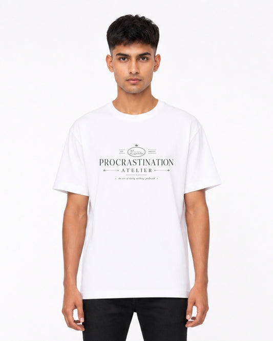 Procrastination Atelier Oversized T-Shirt for Men & Women | Vintage Minimal Typography Graphic Tee | Aesthetic Casual Streetwear