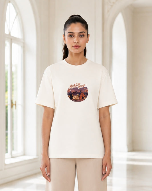Rooftop Hours Graphic T-Shirt for Women | Sunset Cityscape Minimalist Oversized Tee