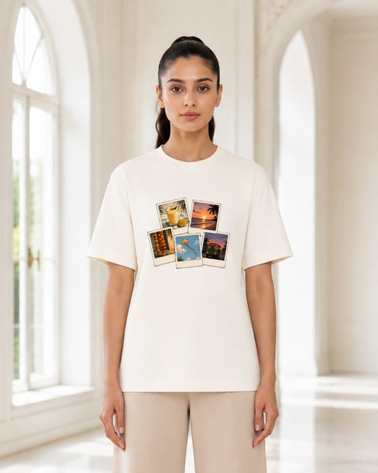 Travel Memories Graphic T-Shirt for Women | Vintage Polaroid Collage Oversized Aesthetic Tee