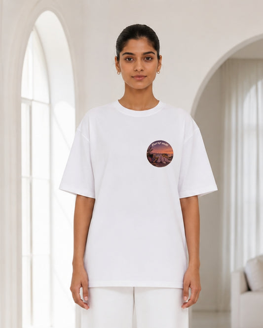 Rooftop Hours Sunset Graphic Oversized T-Shirt for Women | Aesthetic Pocket Print Casual Streetwear Tee