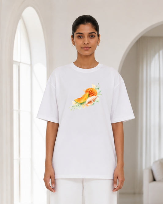 Floral Seashell Aesthetic Oversized T-Shirt for Women | Watercolor Nature Graphic Casual Tee