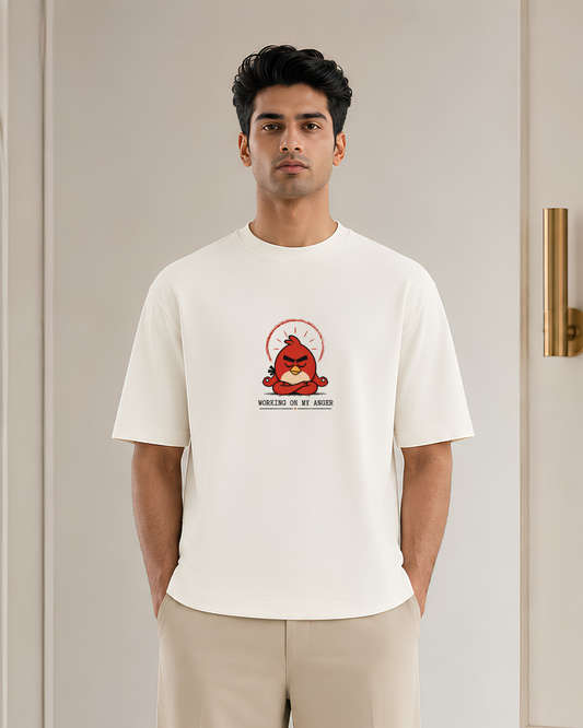 Working On My Anger Graphic Oversized T-Shirt | Funny Angry Bird Meditation Tee | Minimal Cartoon Print Unisex T-Shirt