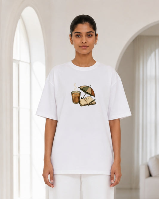 Chai, Books & Rainy Days Oversized T-Shirt for Women | Cozy Aesthetic Graphic Casual Tee