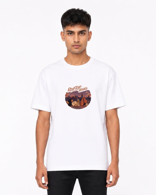 Rooftop Hours Aesthetic Oversized T-Shirt for Men & Women | Urban Sunset Graphic Tee | Vintage Cityscape Cotton Casual T-Shirt