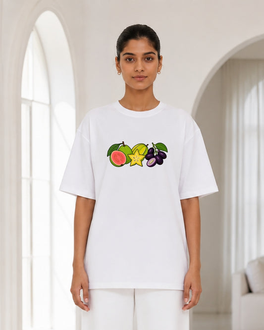 Tropical Fruit Graphic Oversized T-Shirt for Women | Guava, Starfruit & Jamun Print Casual Aesthetic Tee