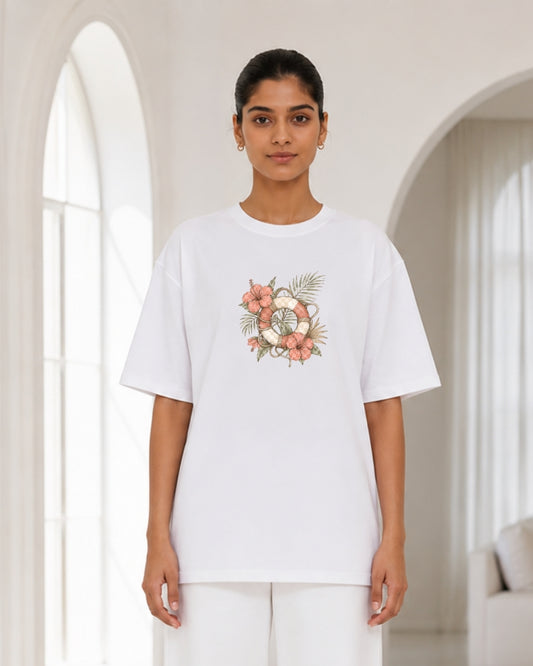 Women's White Oversized Floral Life Ring Graphic T-Shirt | Premium Cotton Casual Tee