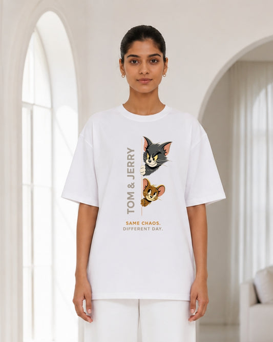 Women's White Oversized Tom & Jerry Graphic T-Shirt | Same Chaos Different Day Printed Tee