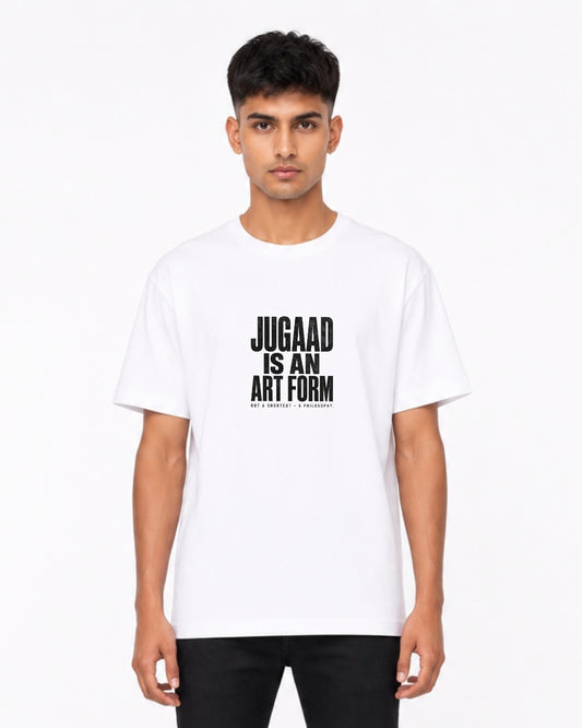 Jugaad Is An Art Form Oversized T-Shirt for Men & Women | Funny Indian Quote Graphic Tee | Motivational Cotton Casual T-Shirt