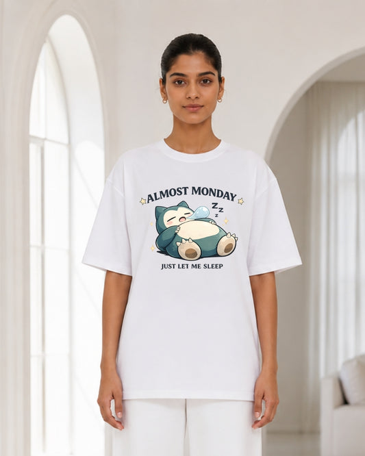 Women's White Oversized Sleeping Monster Graphic T-Shirt | Almost Monday Just Let Me Sleep Printed Tee