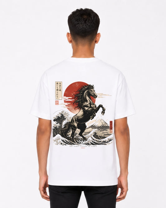 Untamed Spirit Samurai Horse Oversized T-Shirt for Men & Women | Japanese Art Back Print Tee | Vintage Anime Aesthetic Cotton T-Shirt