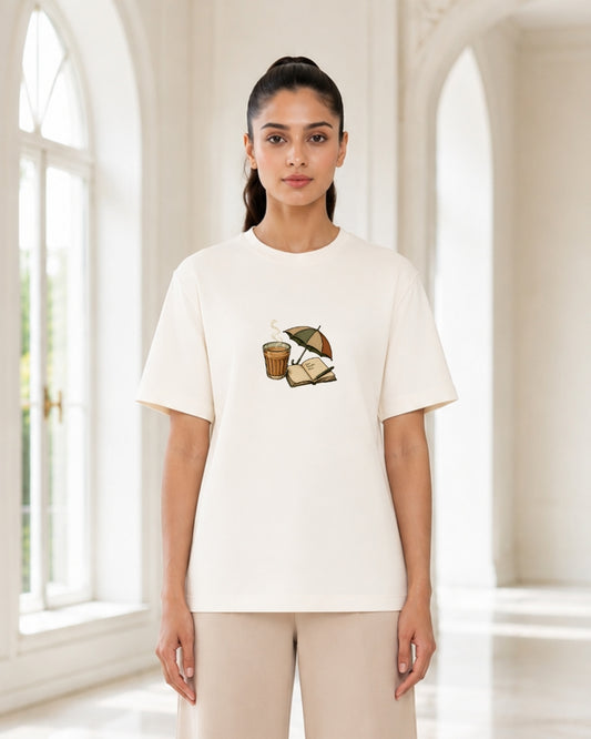 Book, Chai & Cozy Vibes Graphic T-Shirt for Women | Reading Lover Aesthetic Minimalist Tee