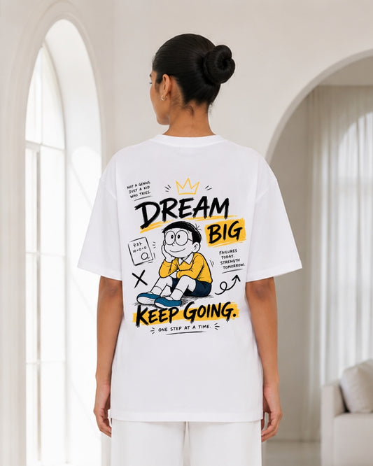 Women's White Oversized Cartoon Graphic T-Shirt | Minimal Pocket Print Casual Tee