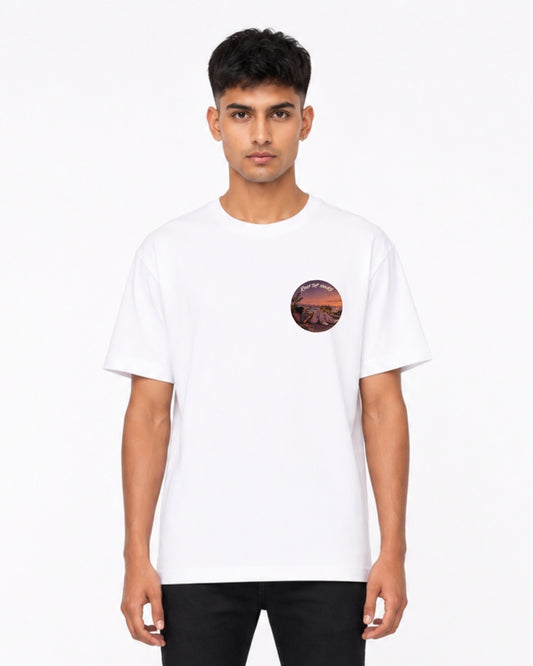 Rooftop Hours Oversized T-Shirt for Men & Women | Sunset Cityscape Graphic Tee | Aesthetic Streetwear Back Print T-Shirt