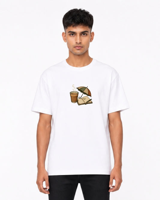 Chai & Book Graphic Oversized T-Shirt for Men & Women | Cozy Reader Aesthetic Tee | Literary Coffee Lover Unisex T-Shirt
