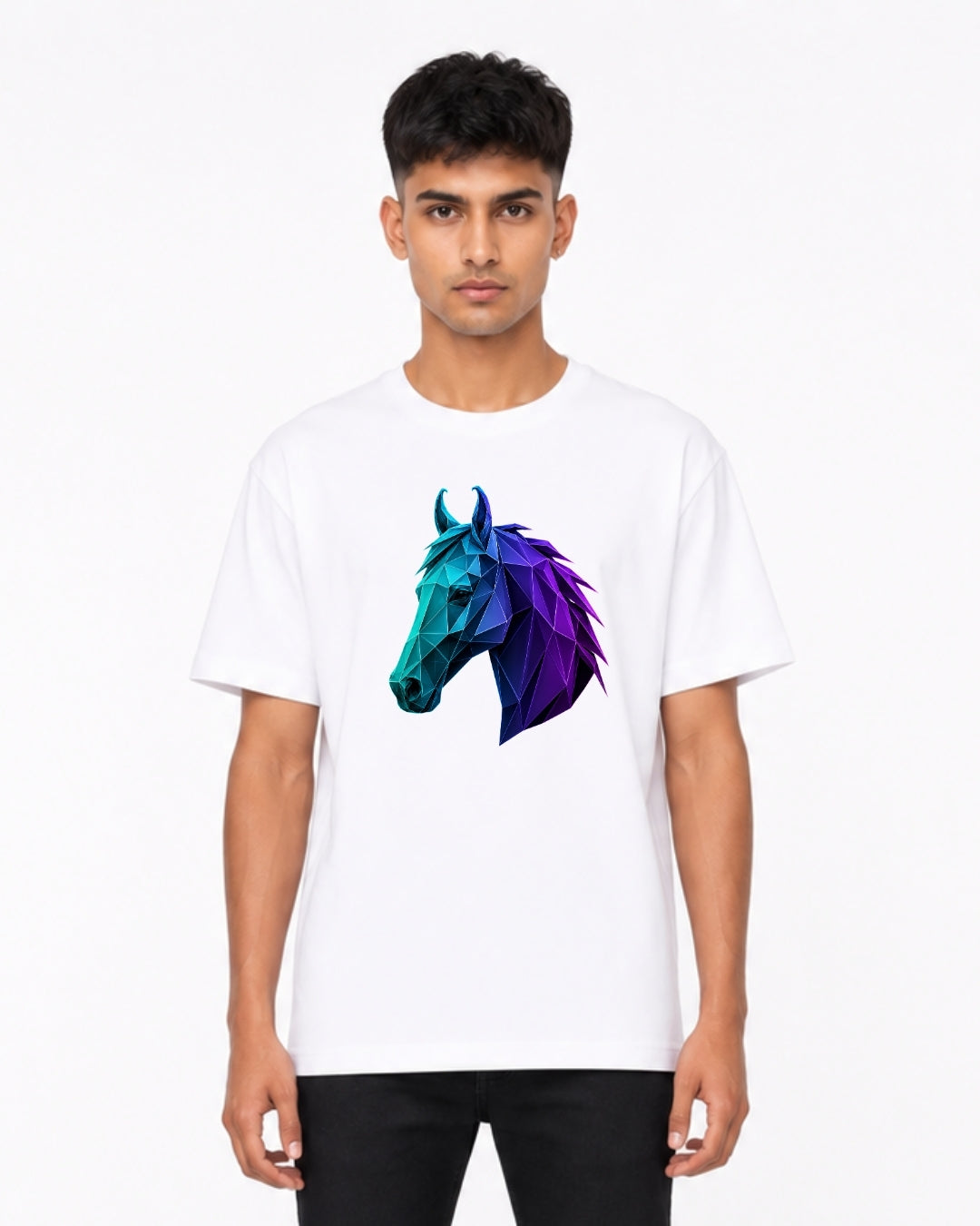 Geometric Horse Graphic Oversized T-Shirt for Men & Women | Polygon Horse Head Design Tee | Modern Abstract Animal Unisex T-Shirt
