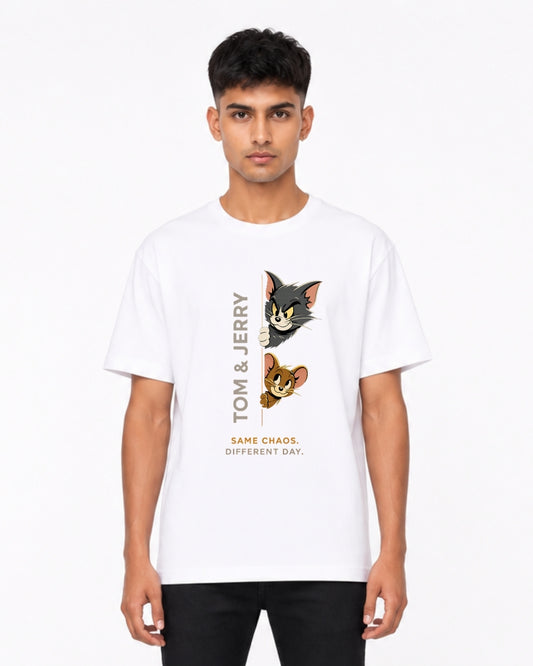Tom & Jerry Graphic Oversized T-Shirt for Men & Women | Same Chaos Different Day Cartoon Tee | Nostalgic Unisex Casual T-Shirt
