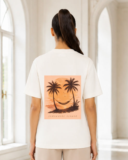 Somewhere Slower Tropical Sunset Graphic T-Shirt for Women | Beach Vacation Aesthetic Oversized Tee