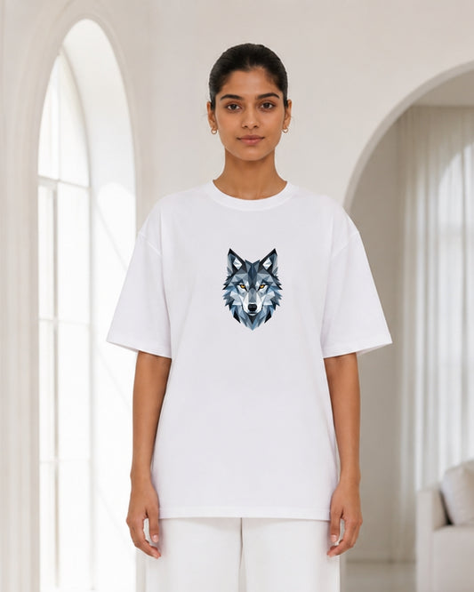 Women's Oversized White Geometric Wolf Graphic T-Shirt – Minimal Animal Print Casual Tee