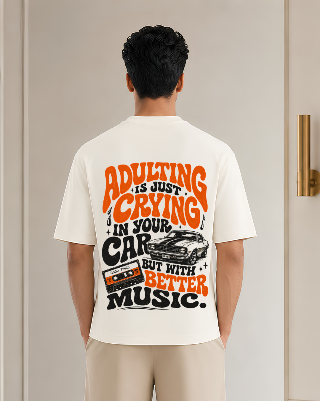 Adulting Is Just Crying in Your Car But With Better Music Oversized Graphic T-Shirt | Vintage Car & Cassette Print | Unisex Retro Tee