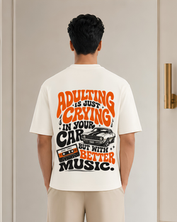Adulting Is Just Crying in Your Car But With Better Music Oversized Graphic T-Shirt | Vintage Car & Cassette Print | Unisex Retro Tee