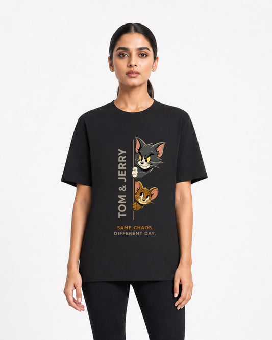 Stichix Cartoon Chaos Oversized Black T-Shirt for Women | Fun Graphic Casual Tee