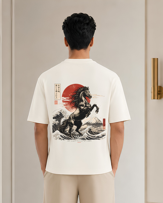 Japanese Wild Horse Graphic Oversized T-Shirt | Samurai Spirit Vintage Anime Aesthetic Tee | Unisex Back Print Shirt