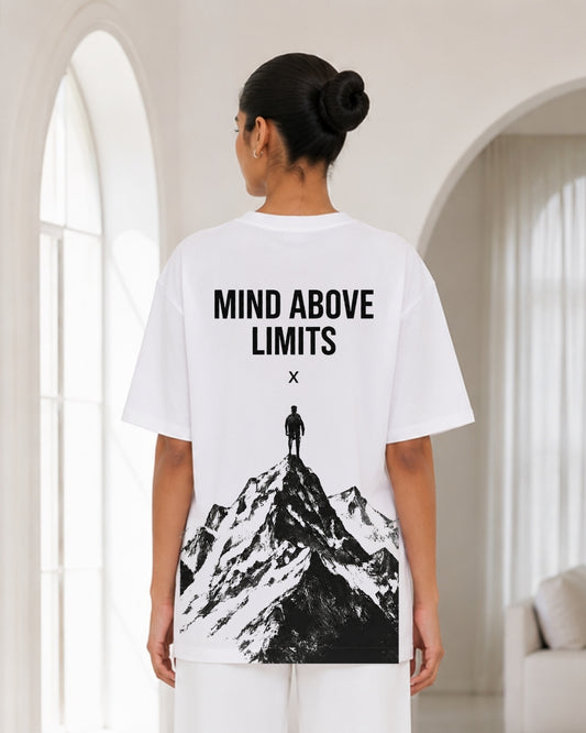 Women's White Oversized Mind Above Limits Graphic T-Shirt | Motivational Mountain Back Print Tee