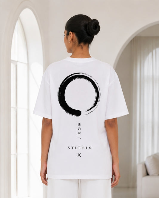 Women's White Oversized Peace Zen Graphic T-Shirt | Minimal Japanese-Inspired Back Print Tee