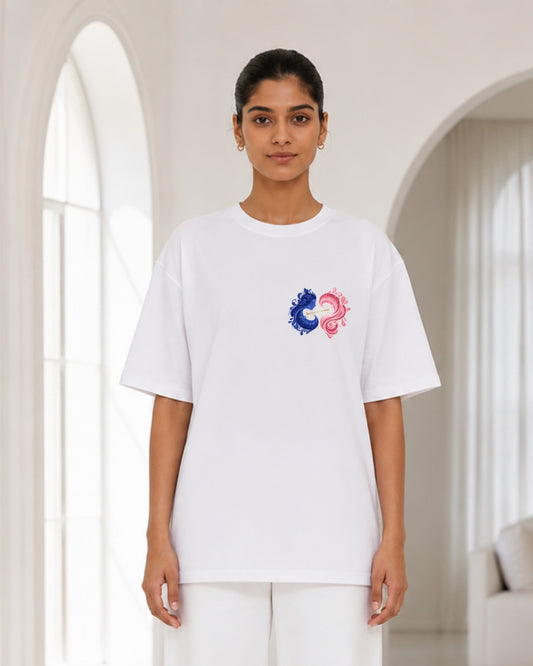 Women's White Oversized Yin Yang Koi Fish Graphic T-Shirt | Minimal Aesthetic Cotton Tee