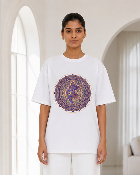 Women's White Oversized Lord Shiva Nataraja Mandala Graphic T-Shirt | Spiritual Premium Cotton Tee
