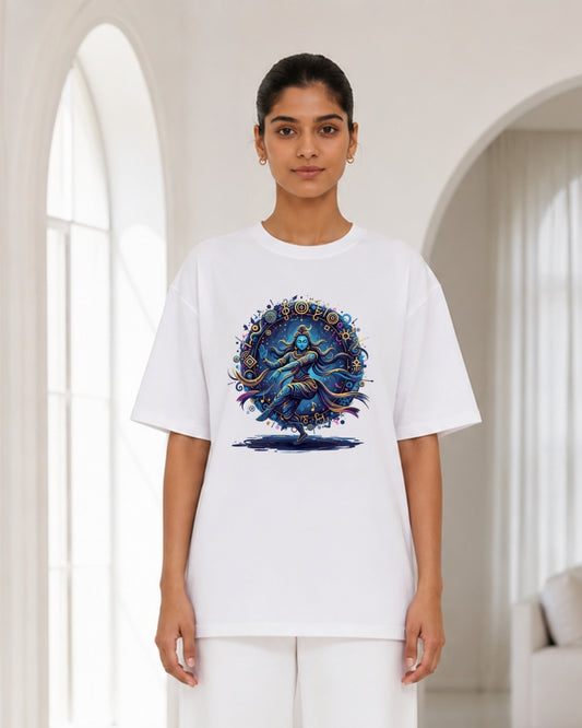 Women's White Oversized Lord Shiva Cosmic Dance Graphic T-Shirt | Spiritual Premium Cotton Tee