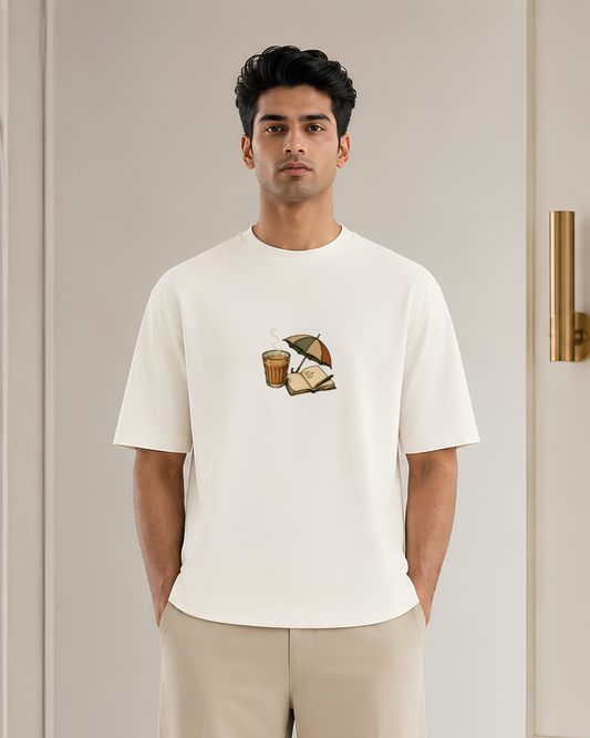 Chai & Books Minimal Graphic Oversized T-Shirt | Cozy Reader Aesthetic Tee | Unisex Casual Streetwear