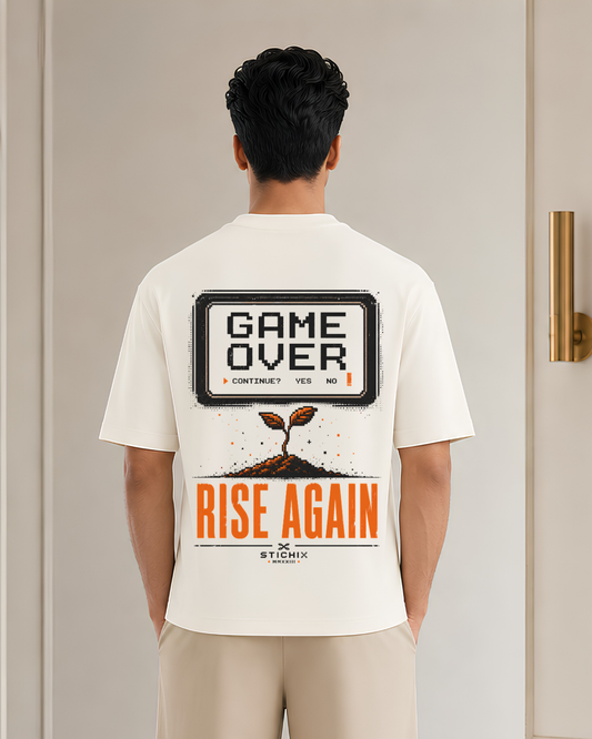 Game Over Rise Again Oversized Graphic T-Shirt | Retro Gamer Motivation Tee | Unisex Streetwear