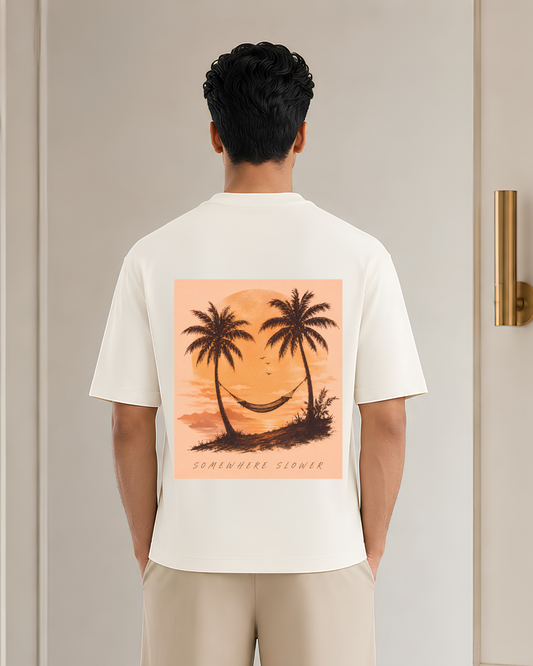 Somewhere Slower Tropical Sunset Oversized T-Shirt | Beach Vibes Graphic Tee | Unisex Vacation Streetwear