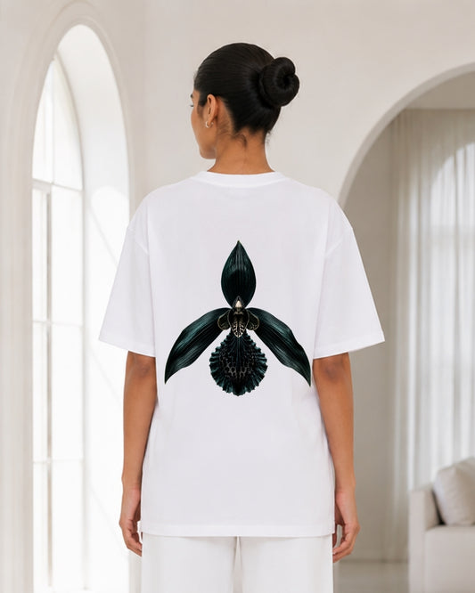 Women's Oversized White Black Orchid Back Print T-Shirt – Botanical Gothic Aesthetic Graphic Tee
