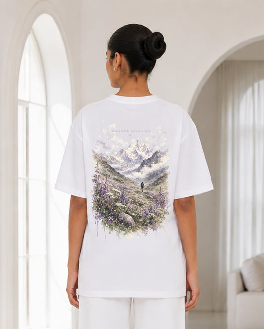 Women's Oversized White Mountain Wildflower Back Print T-Shirt – Nature Adventure Graphic Tee