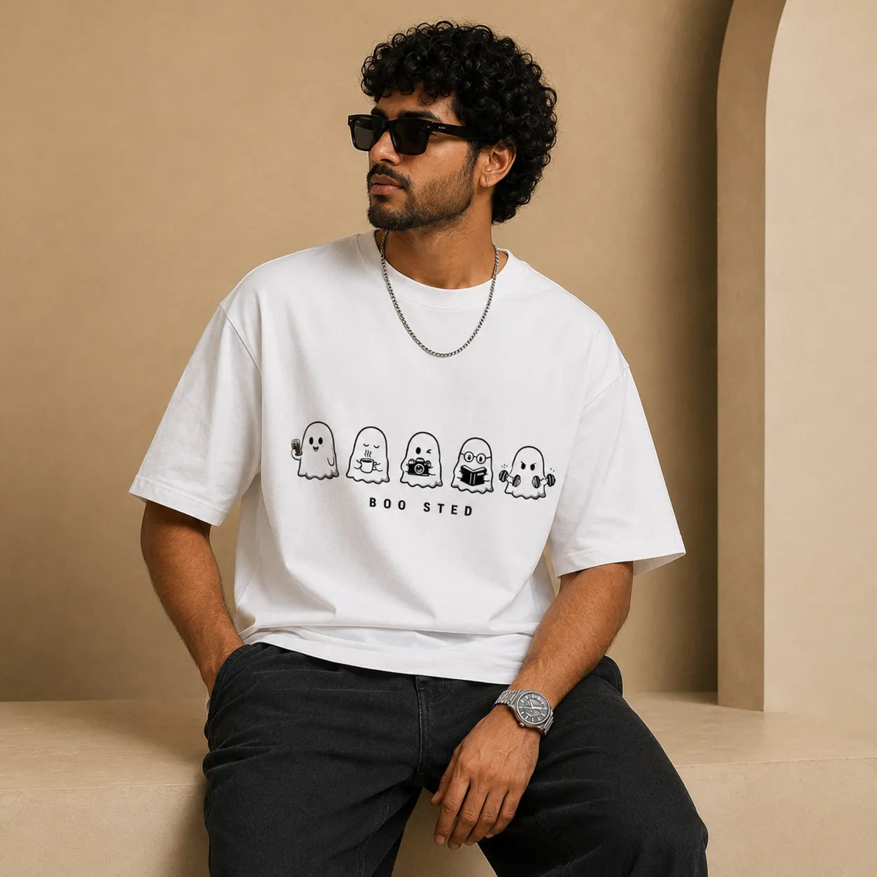 Boo Sted Ghost Oversized T-Shirt | Cute Funny Graphic Tee | 240 GSM Cotton