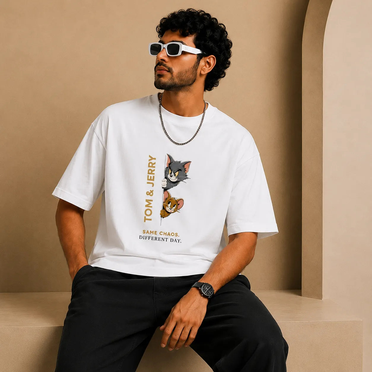Tom and Jerry Oversized T-Shirt | Same Chaos Different Day | Cartoon Graphic Tee