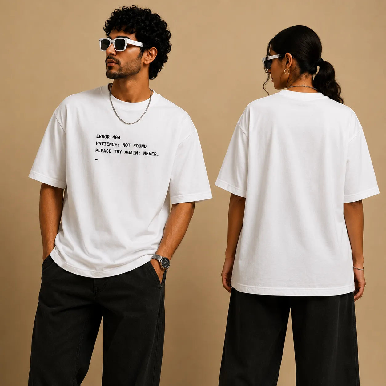 Two people wearing white t-shirts with text, one facing forward and the other facing backward, on a beige background.