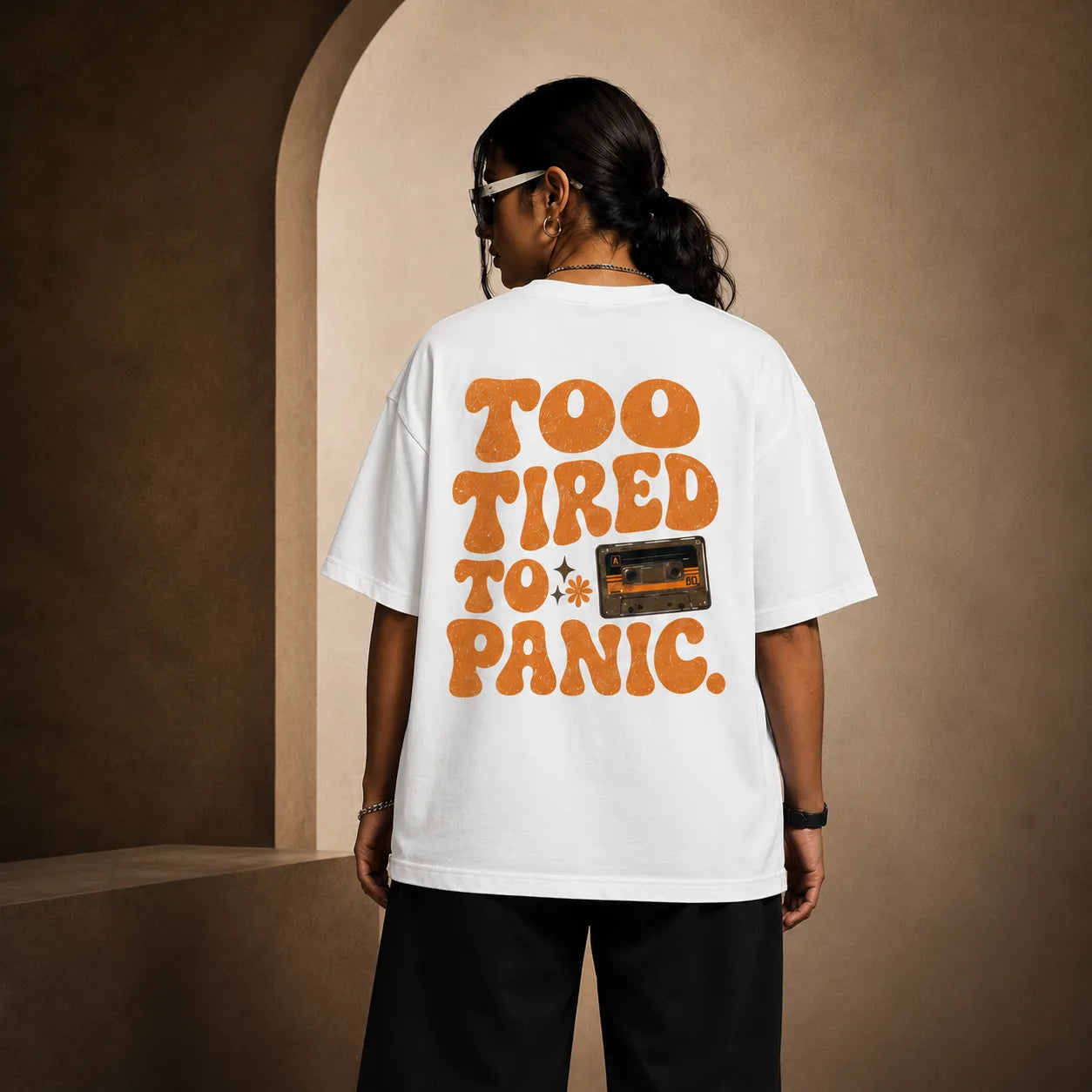 Too Tired to Panic Oversized T-Shirt | Retro Typography Graphic Tee | 240 GSM
